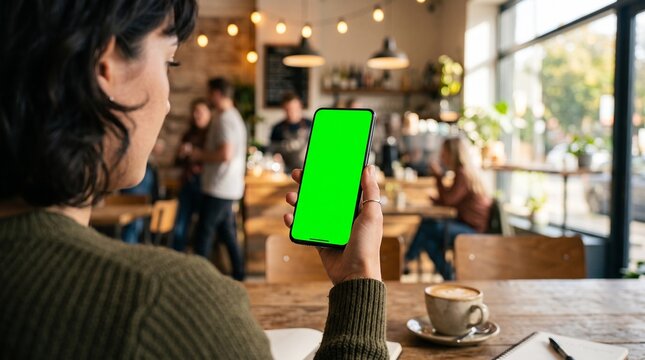 Over the shoulder view of a woman holding a smartphone with green screen in a cozy cafe