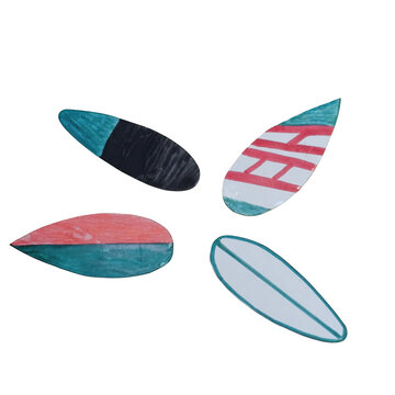 Abstract of geometric shapes in cyan, pink, red, and gray. A set of surfboards trending design made by multi color paper