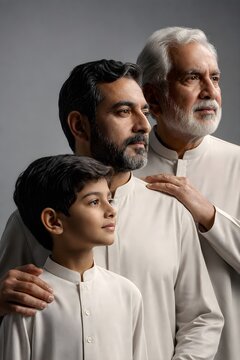 Three generations of men, a grandfather, father, and son, wearing light traditional attire and looking forward with a shared optimistic vision.
