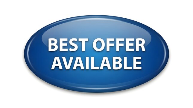 Glossy blue oval button with the text best offer available isolated on white background