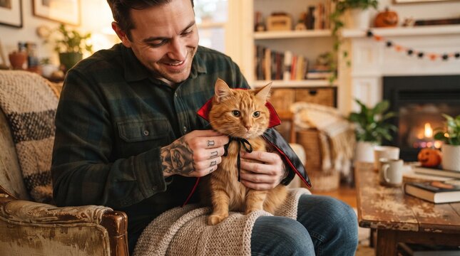 Man dressing cat in cape