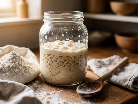 Active sourdough starter bubbling in a glass jar