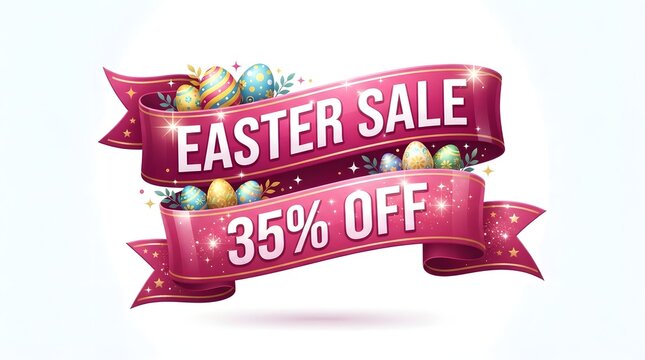 Easter sale banner with 35% off discount, featuring decorated colorful eggs and festive ribbons isolated on white background