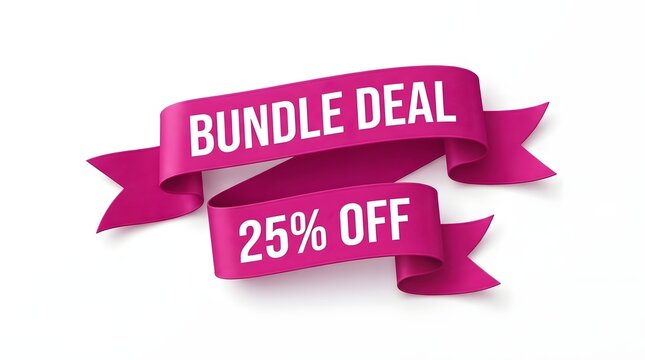 Pink ribbon banner with text bundle deal 25% off isolated on white background