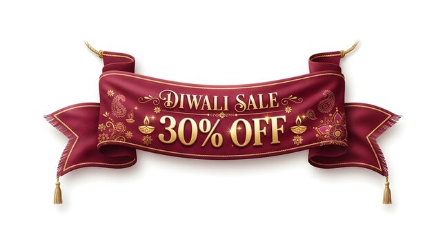 Diwali sale banner with 30 percent off, golden text on a decorative red ribbon isolated on white background