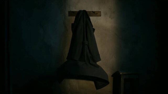 Cinematic view of long dark coat hanging in a moody, dimly lit room with a single shaft of light, textured stone wall, and rustic wooden stool.