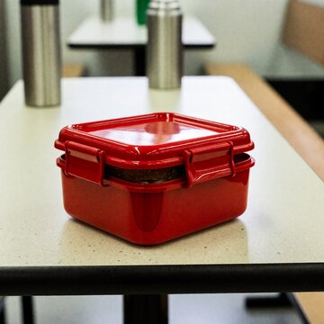 Red plastic lunch box with sandwich on a table