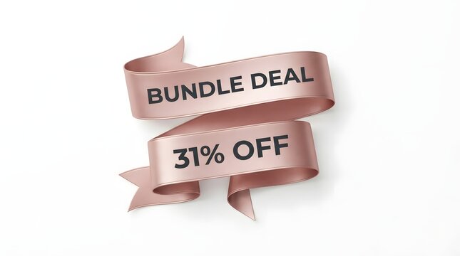 Rose gold ribbon banner with bundle deal 31% off text, elegant promotional graphic for retail discounts and special offers