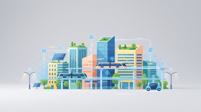 A sleek vector illustration of a modern smart city concept featuring automated transit, green buildings, solar energy, and connected digital network icons.