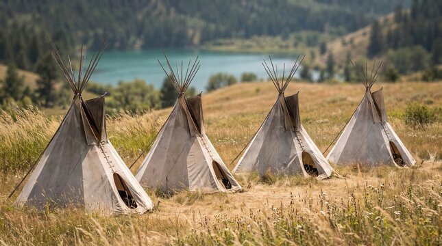 Native American teepees in North America, peaceful wilderness atmosphere