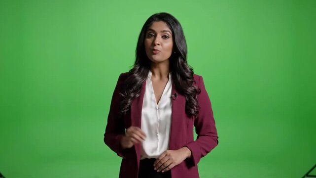 Mid-shot of woman in burgundy blazer against green screen