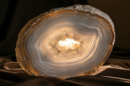 A glowing backlit agate geode slice reveals natural crystal formations and concentric banded patterns. This mineral specimen represents geology and luxury interior decor concepts.