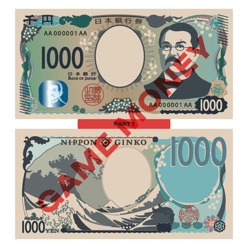 Vector game banknote of Japan. Flat style bill. Denomination, 1000 japanese yen. Obverse and reverse. One thousand. Cartoon money. Finance and business. Part 1