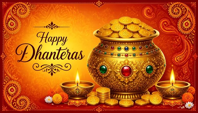 Happy dhanteras celebration with gold kalash and oil lamp diya diwali background