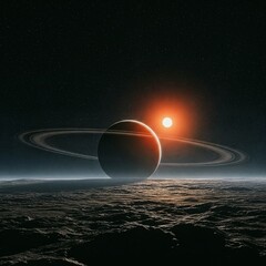 Alien planet horizon featuring ringed gas giant planet and red dwarf sun in outer space © Abdul