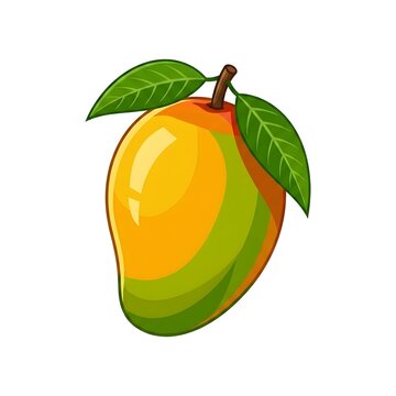 Whole ripe mango fruit vector illustration with green leaves isolated on white background