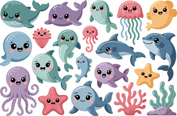 Obraz premium Set of cute sea animals and aquatic creatures in kawaii style featuring whales dolphins jellyfish octopus and starfish.