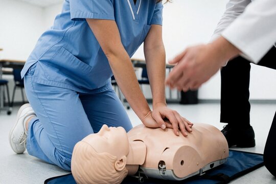 Nurse performing CPR training on dummy