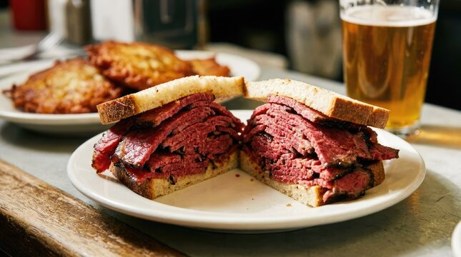 A delightful and tempting spread featuring juicy stacked sandwiches and a refreshing golden hued beverage for a satisfying meal