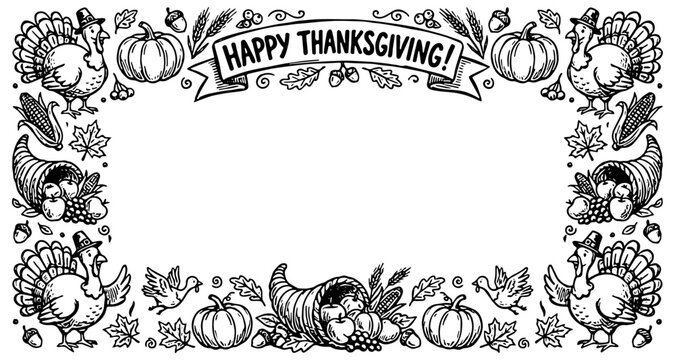 Thanksgiving frame clipart illustration in black, isolated 