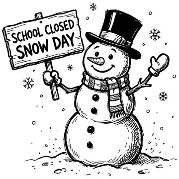 Cartoon snowman holding a sign that says School Closed, Snow Day, winter clip art in black, isolated 
