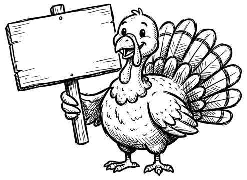 Thanksgiving turkey holding a blank sign with room for text, cartoon illustration in black, isolated 