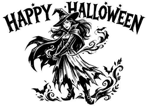 Happy Halloween Witch cartoon clip art illustration in black, isolated 