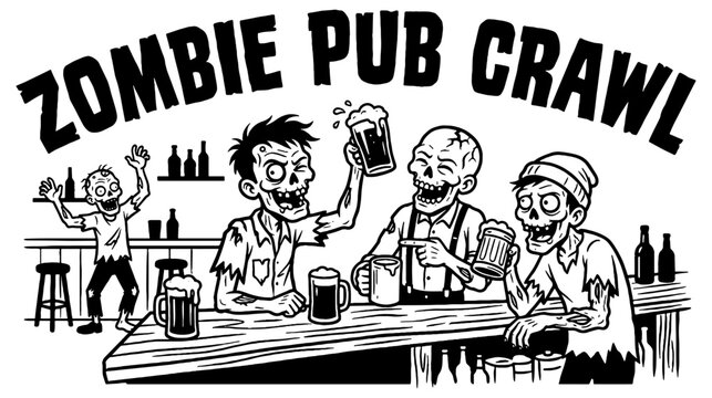Zombie Pub Crawl cartoon halloween clip art illustration in black,  isolated 