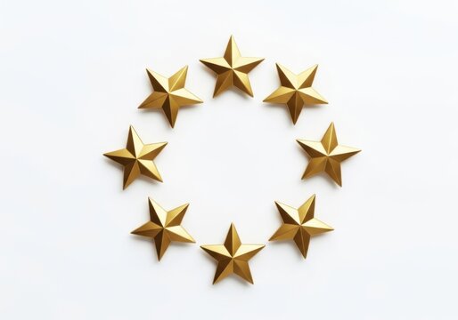 A circular arrangement of eight metallic gold stars with sharp points isolated on a clean white background, view of shiny star shapes
