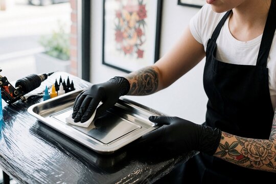 Tattoo artist disinfecting tray in modern studio