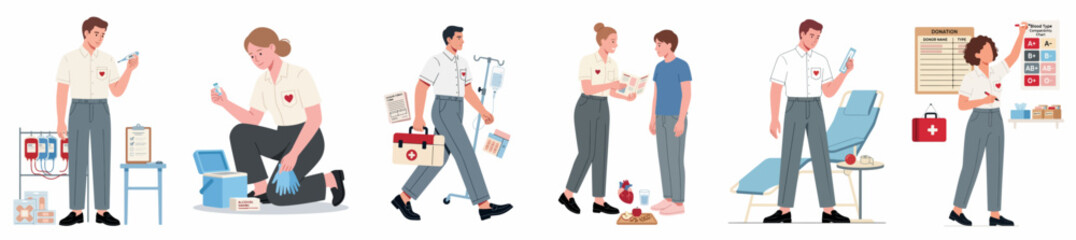 Obraz premium Flat vector illustration set of medical volunteers and healthcare professionals providing aid, blood donation services, and first aid education.