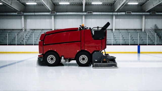Red ice resurfacer machine on indoor ice hockey rink