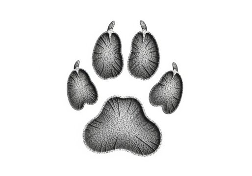 A textured gray animal paw print with a rough stone-like surface pattern isolated on a plain white background, for wildlife or, pet concepts