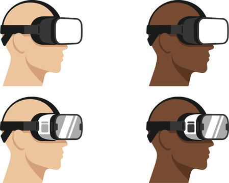 Virtual reality user avatar profile set featuring diverse people wearing digital vr headsets in side view