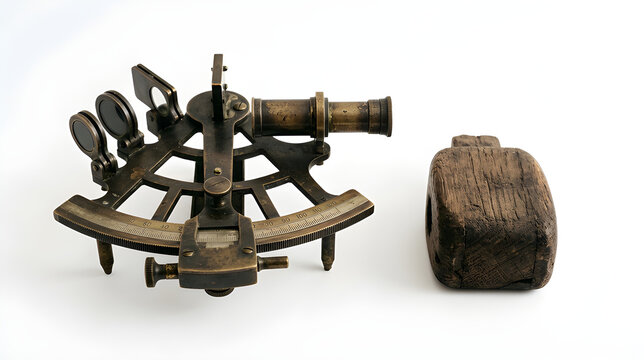 Antique brass sextant and wooden block pulley isolated on white background