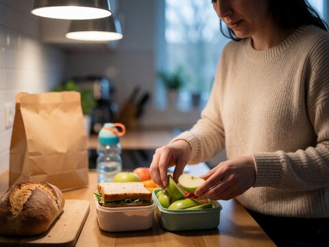 Woman packing healthy lunch box with sandwich and apples