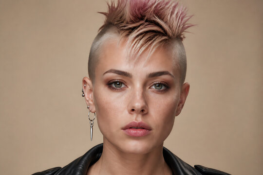 A young woman with a bleached and pink-tipped mohawk hairstyle is posing for a portrait against a plain background.