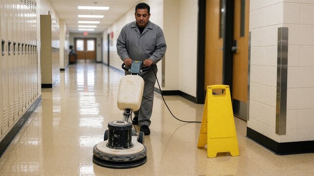 Worker polishing school hallway floor with buffer