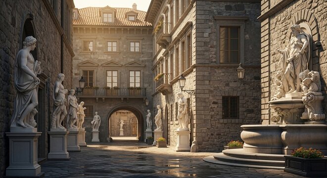 Classic Stone Courtyard with Marble Statues and Historic Architecture