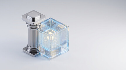 Fototapeta premium Isometric 3D render of metallic architectural pillar encapsulated inside glowing glass digital token cube on light grey background with copy space