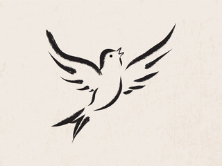 Fototapeta premium Minimalist ink brush bird soaring during sunrise with open wings on textured paper background vector illustration