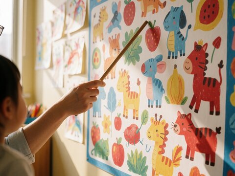 Child pointing at colorful animal chart with wooden stick