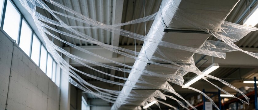 Clear plastic sheeting wrapped around industrial air ducts
