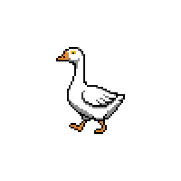 White goose walking in pixel art style on transparent background. Retro video game bird character with orange beak. Cute farm animal clipart for game design, sticker and print.