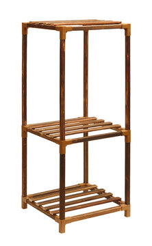 Three‑tier wooden plant stand with slatted shelves and plastic corner joints designed for indoor display.