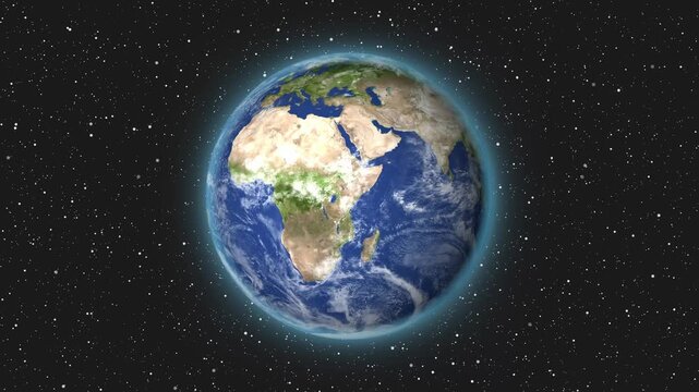 Planet Earth with glowing aura rotates against a starry space field. Luminous atmospheric rings envelop planet Earth with glowing aura. Cosmic astronomy highlights planet Earth with glowing aura.