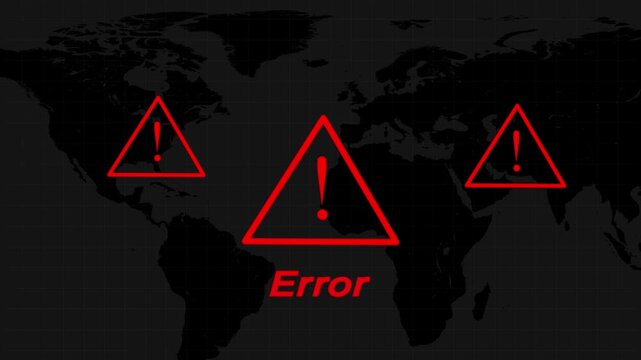 Digital world map interface flashes urgent red error warning alerts. Cyber threat data streams across this dark world map interface. Global security monitoring tracks the world map interface.