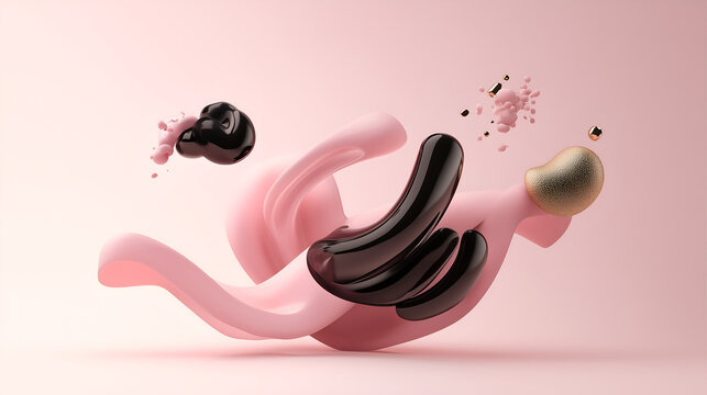Abstract fluid shapes with glossy spheres and splashes in rose gold, black, and pastel pink tones. Elegant and minimal 3D composition with modern glam and soft visual flow.