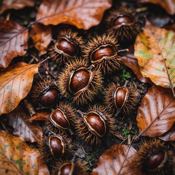 Chestnuts in burrs on autumn forest floor