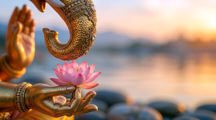 Obraz premium Stunning golden Ganesha statue holding a pink lotus flower by a serene river at sunset during Ganesh Chaturthi festival